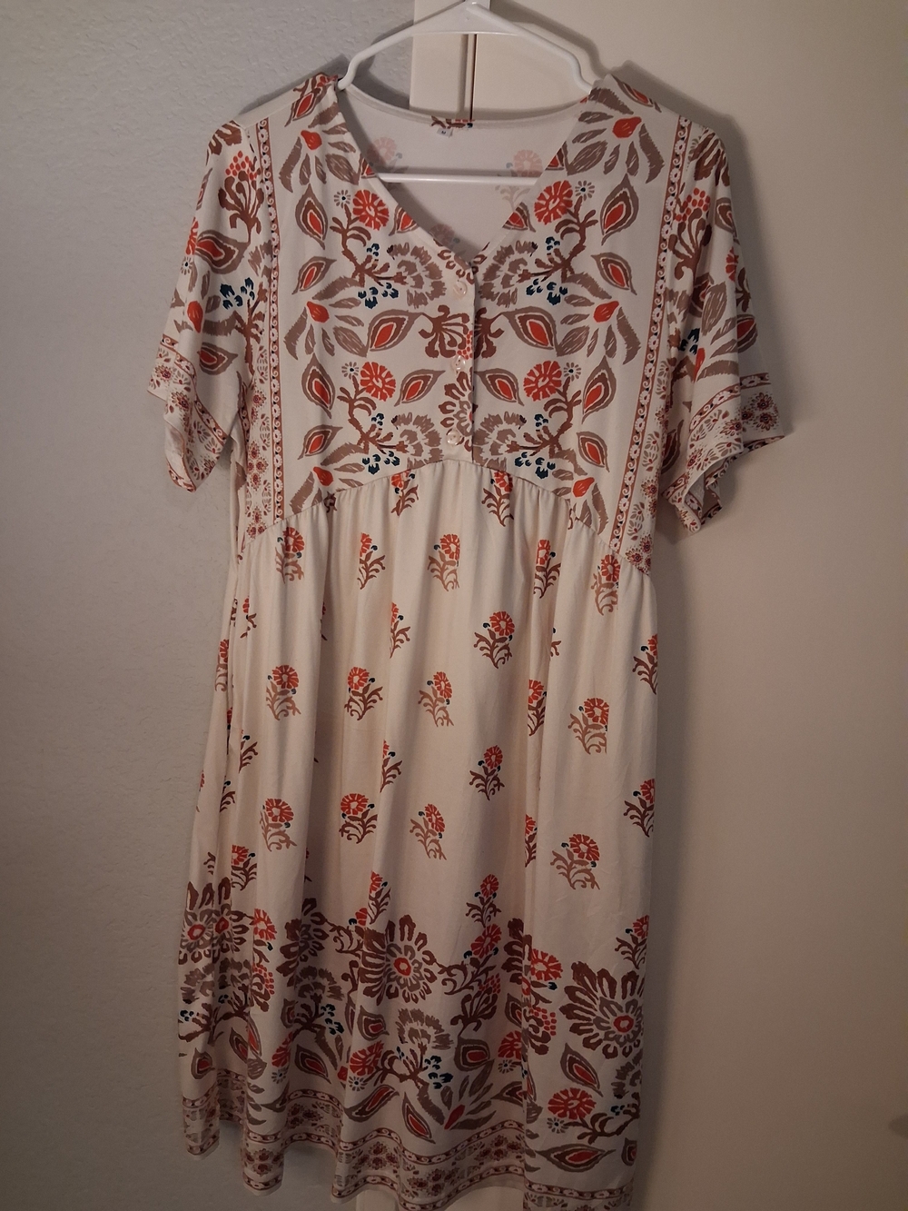 Amazon Cream Midi Dress with Rust and Brown Floral Print
